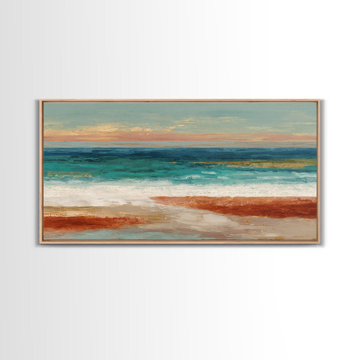 Tropical Lagoon with Turquoise Water Framed Canvas Print, Tropical Art, Bird Art, Living Room Decor, Watercolor Art, Tropic, TRO-2x1-51