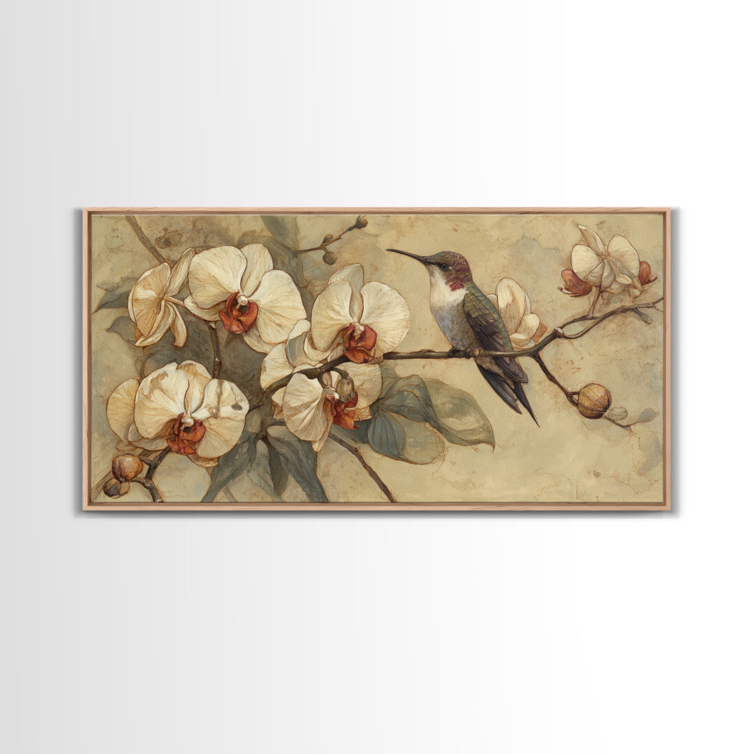 Orchid and Hummingbird Composition Canvas Print, Tropical Art, Digital Prints, Living Room Decor, Tropic 154, Set of Prints, TRO-2x1-54