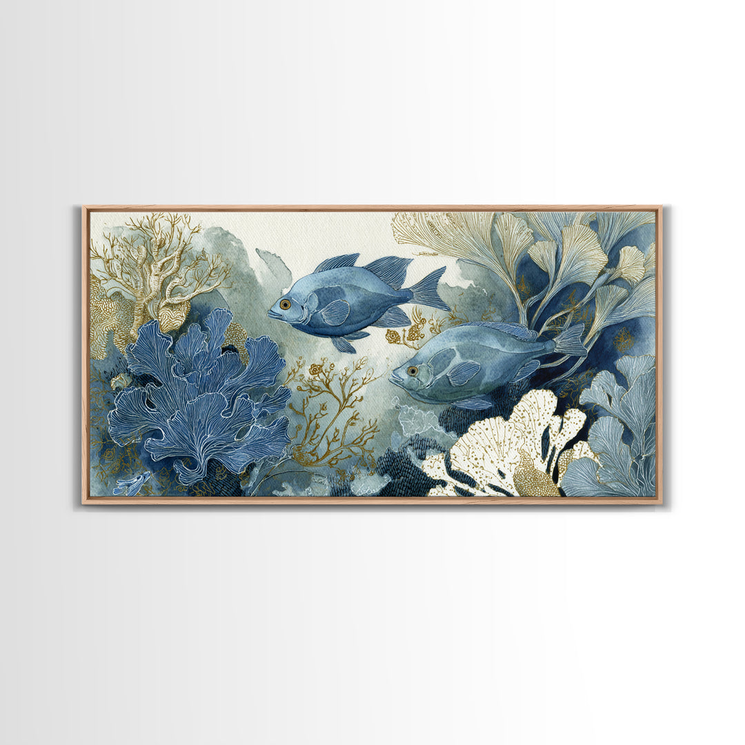 Tropical Fish over Coral Reef Framed Canvas Print, Tropical Art, Set of 3 Prints, Living Room Decor, Fine Art, Tropic, TRO-2x1-55