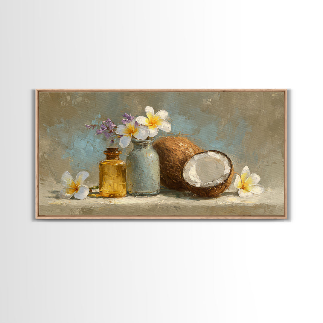 Coconut and Plumeria Still Life Framed Canvas Print, Tropical Art, Art Print, Living Room Decor, Tropic, Abstract Painting, TRO-2x1-56