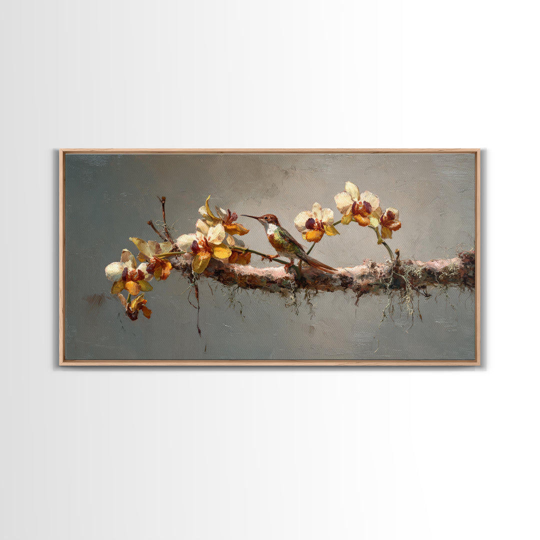 Orchid and Hummingbird Composition Framed Canvas Print, Tropical Art, Minimalist Decor, Living Room Decor, Fine Art, Tropic, TRO-2x1-6