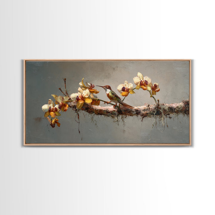 Orchid and Hummingbird Composition Framed Canvas Print, Tropical Art, Minimalist Decor, Living Room Decor, Fine Art, Tropic, TRO-2x1-6