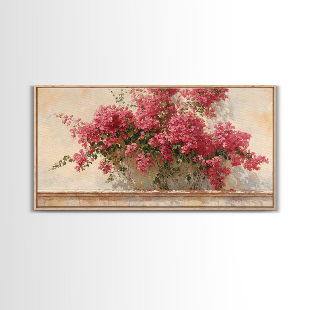 Pink Bougainvillea over White Wall Framed Canvas Print, Tropical Art, Digital Art, Living Room Decor, Oil Painting, Tropic, TRO-2x1-60