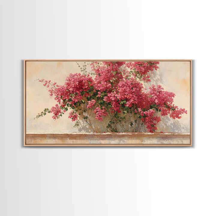 Pink Bougainvillea over White Wall Framed Canvas Print, Tropical Art, Digital Art, Living Room Decor, Oil Painting, Tropic, TRO-2x1-60