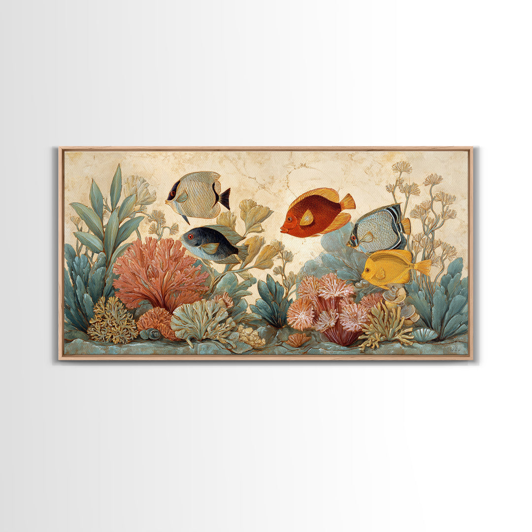 Tropical Fish over Coral Reef Framed Canvas Print, Tropical Art, Print, Living Room Decor, Fine Art, Tropic, Coastal Wall Art, TRO-2x1-7