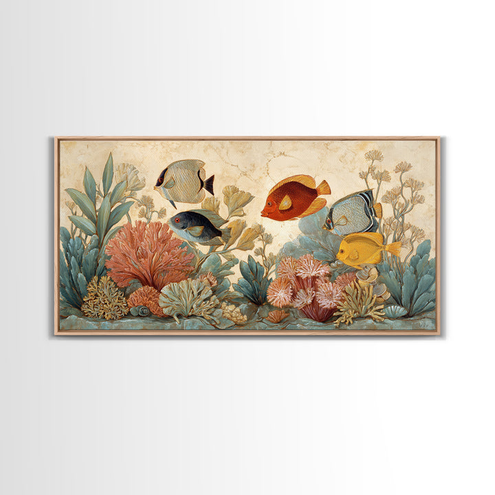 Tropical Fish over Coral Reef Framed Canvas Print, Tropical Art, Print, Living Room Decor, Fine Art, Tropic, Coastal Wall Art, TRO-2x1-7