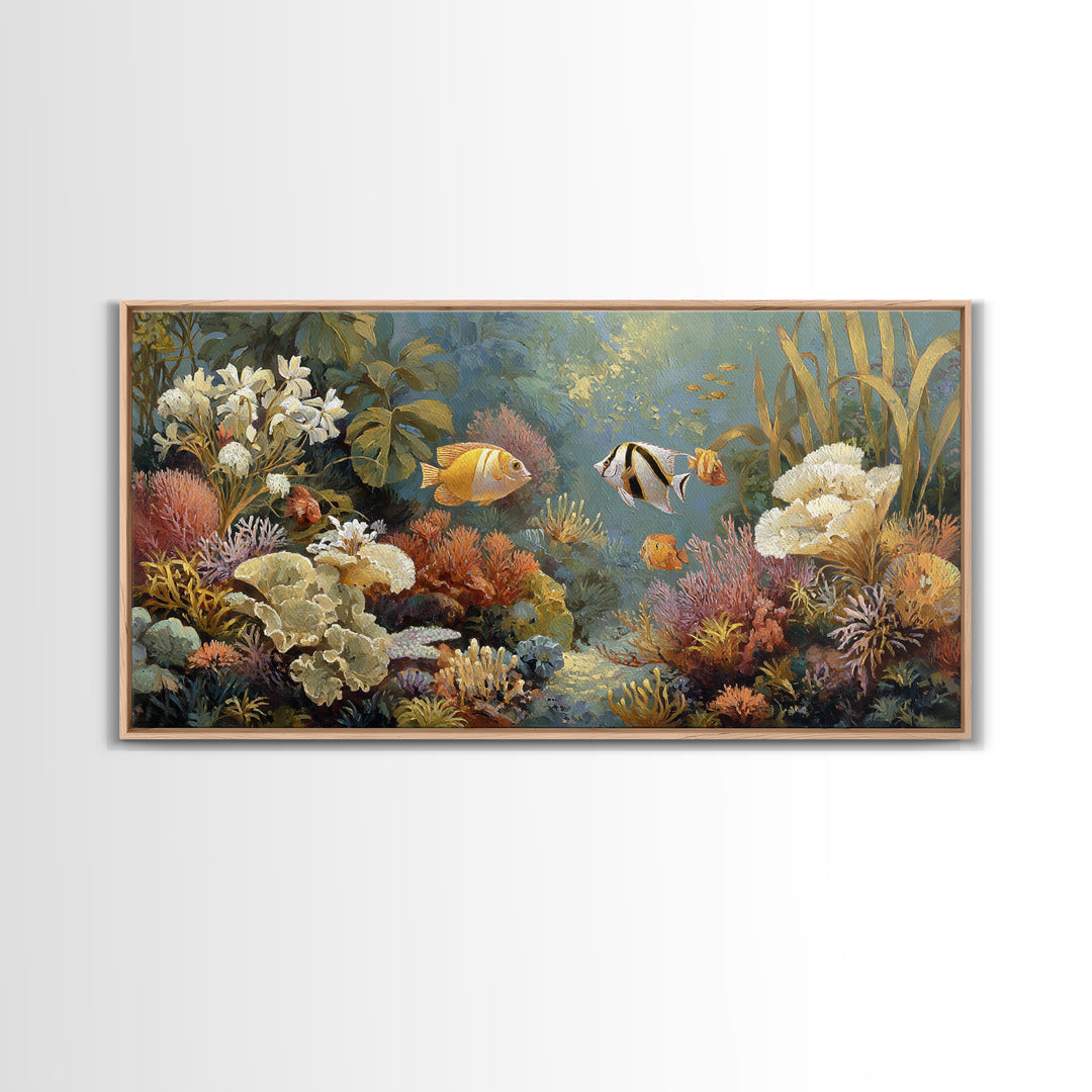 Tropical Fish over Coral Reef Framed Canvas Print, Tropical Art, Whimsical Art, Living Room Decor, Fine Art, Tropic, TRO-2x1-79