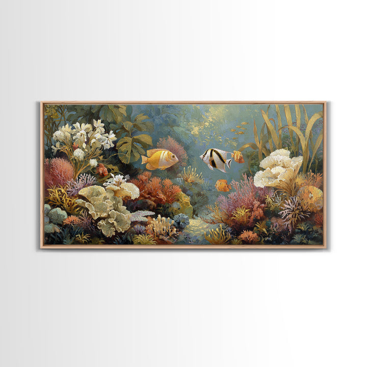 Tropical Fish over Coral Reef Framed Canvas Print, Tropical Art, Whimsical Art, Living Room Decor, Fine Art, Tropic, TRO-2x1-79