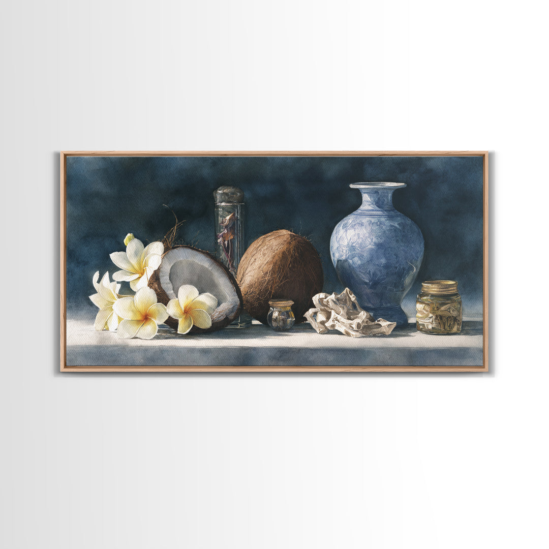 Coconut and Plumeria Still Life Framed Canvas Print, Tropical Art, Coastal Wall Art, Living Room Decor, Fine Art, Tropic, TRO-2x1-80