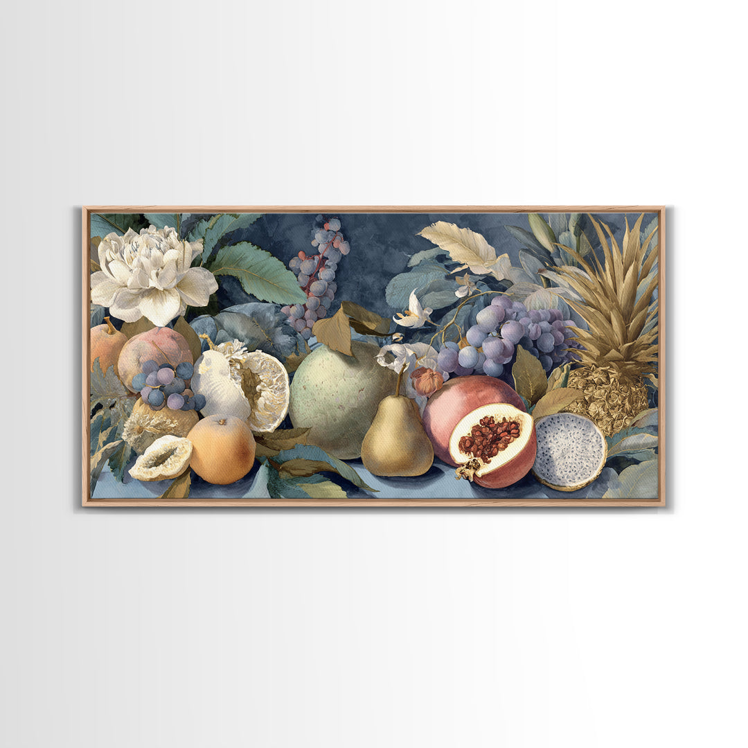 Tropical Fruit Market Arrangement Framed Canvas Print, Tropical Art, Decor, Living Room Decor, Fine Art, Tropic, Bird Art, TRO-2x1-83
