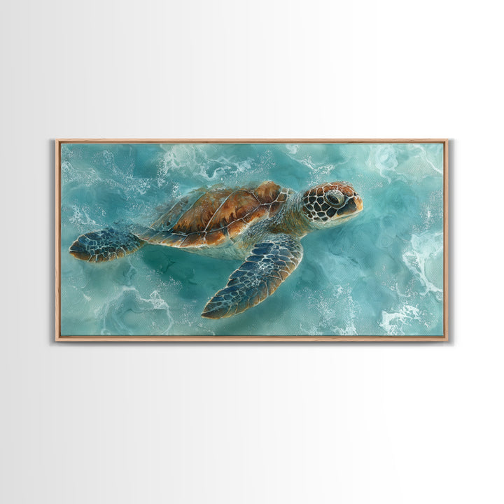 Sea Turtle Near Tropical Reef Framed Canvas Print, Tropical Art, Trendy Wall Art, Living Room Decor, Fine Art, Tropic, TRO-2x1-87