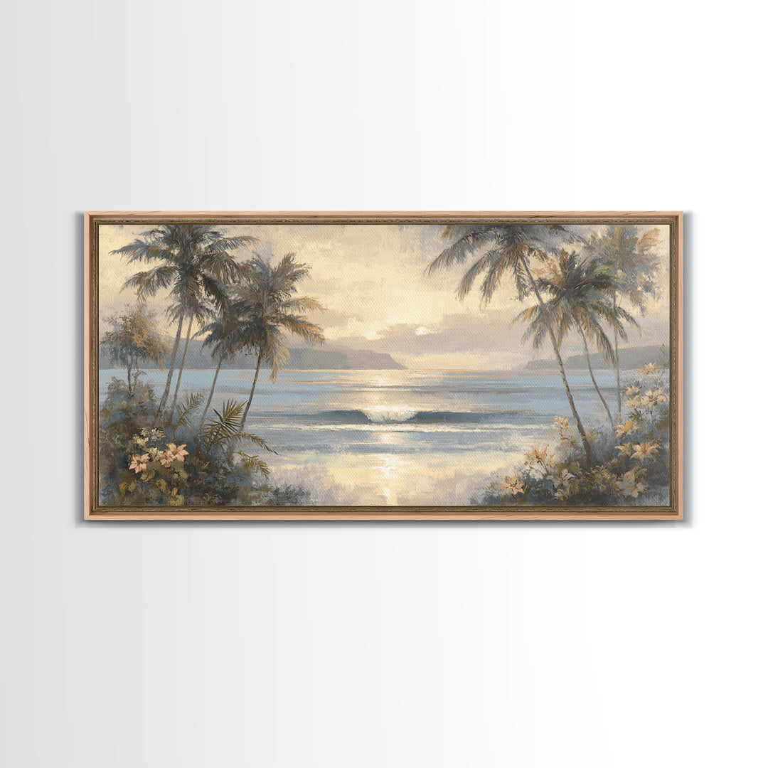 Sunset Surf Scene Framed Canvas Print, Tropical Art, Digital Art, Living Room Decor, Oil Painting, Tropic, Watercolor Art, TRO-2x1-90