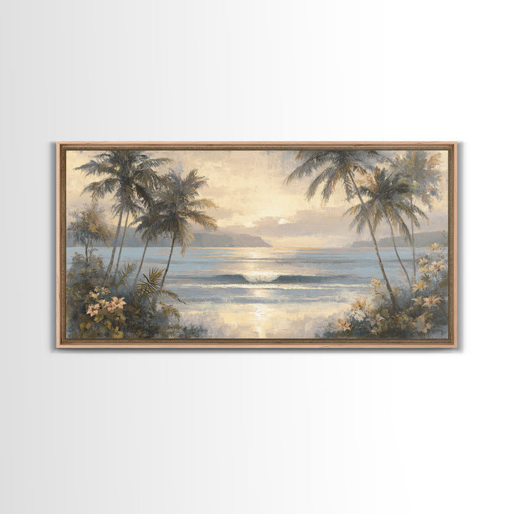 Sunset Surf Scene Framed Canvas Print, Tropical Art, Digital Art, Living Room Decor, Oil Painting, Tropic, Watercolor Art, TRO-2x1-90