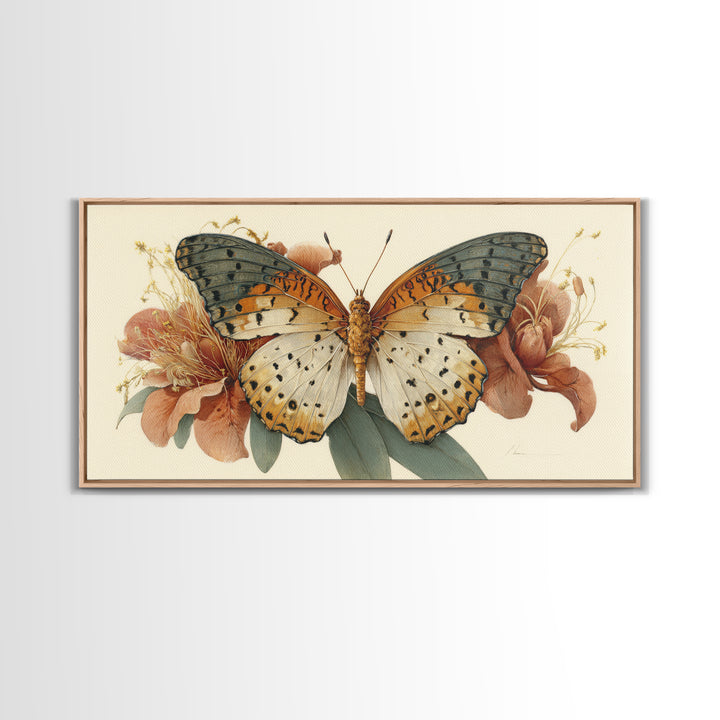 Tropical Butterfly and Flower Study Framed Canvas Print, Tropical Art, Digital Print, Living Room Decor, Fine Art, Tropic, TRO-2x1-91