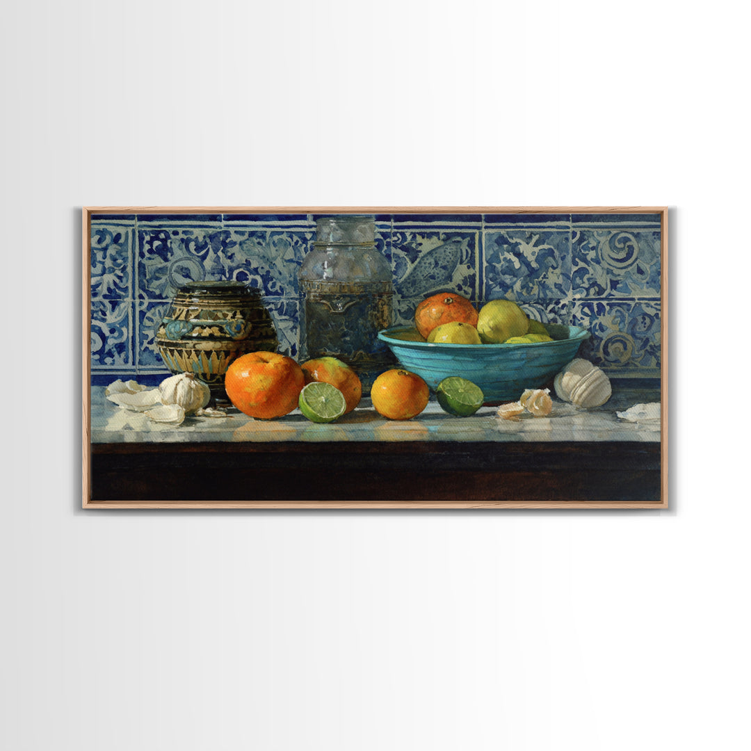 Bright Papaya and Lime Still Life Framed Canvas Print, Tropical Art, Watercolor Painting, Living Room Decor, Oil Painting, TRO-2x1-92