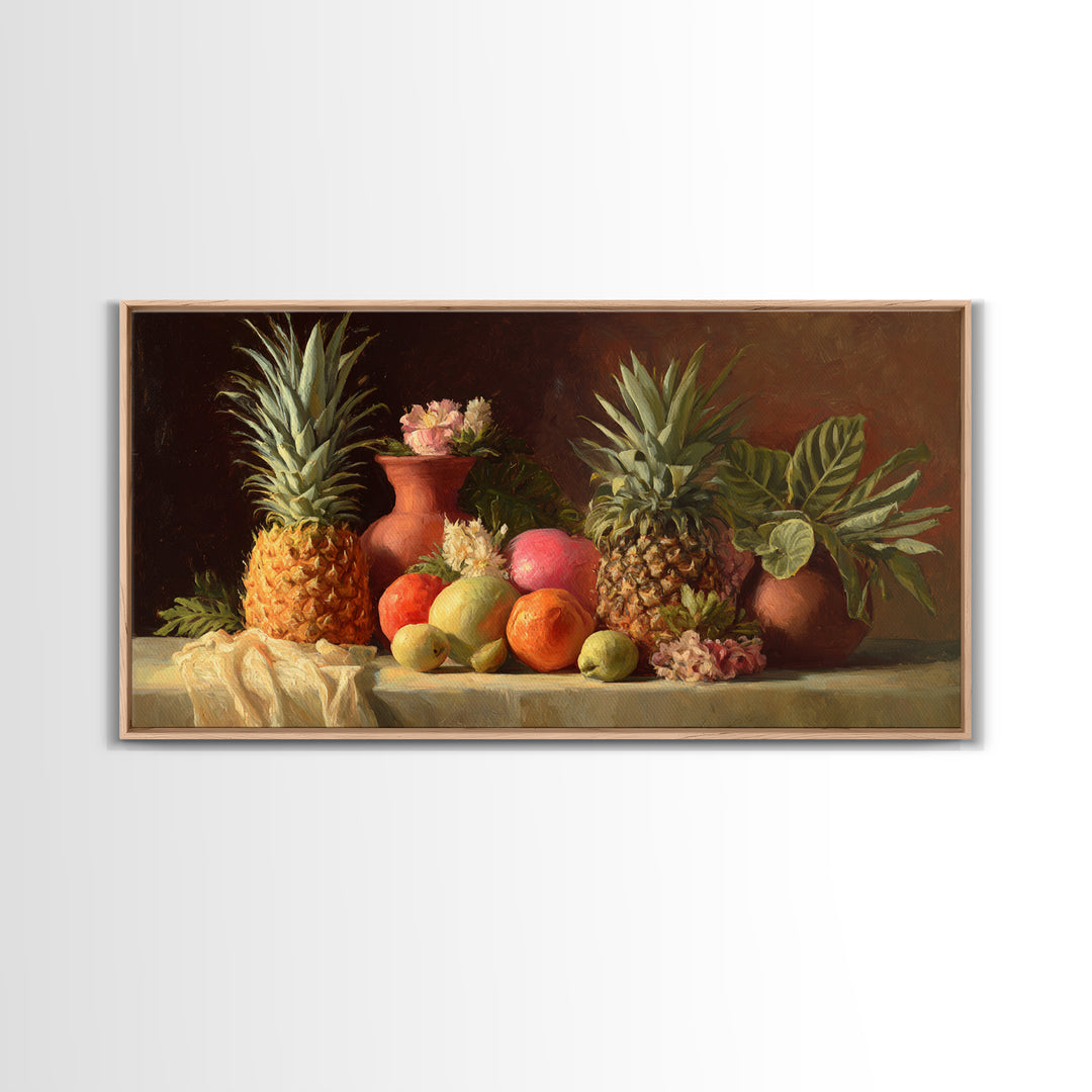 Pineapple and Palm Still Life Canvas Print, Tropical Art, Printable Wall Art, Living Room Decor, Watercolor Art, Tropic, TRO-2x1-98
