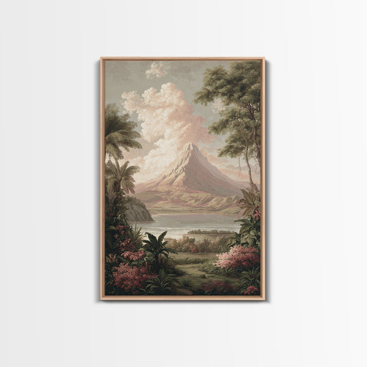 Island Volcano with Lush Foreground Framed Canvas Print, Tropical Art, Printable, Living Room Decor, Fine Art, Tropic, TRO-2x3-1