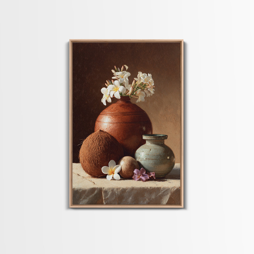 Coconut and Plumeria Still Life Framed Canvas Print, Tropical Art, Watercolor Painting, Living Room Decor, Oil Painting, Tropic, TRO-2x3-20