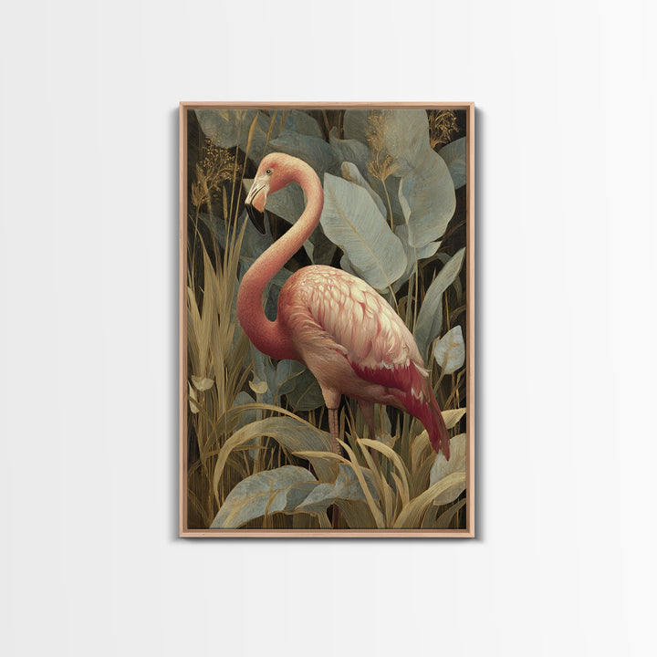 Pink Flamingos Among Tropical Water Plants Framed Canvas Print, Tropical Art, Print, Living Room Decor, Fine Art, Tropic, TRO-2x3-34