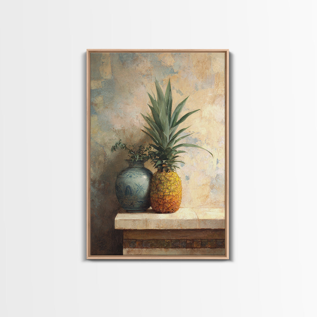 Pineapple and Palm Still Life Framed Canvas Print, Tropical Art, Art Print, Living Room Decor, Tropic, Abstract Painting, TRO-2x3-38