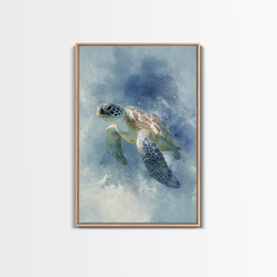 Sea Turtle Near Tropical Reef Framed Canvas Print, Tropical Art, Digital Art, Living Room Decor, Oil Painting, Tropic, TRO-2x3-51