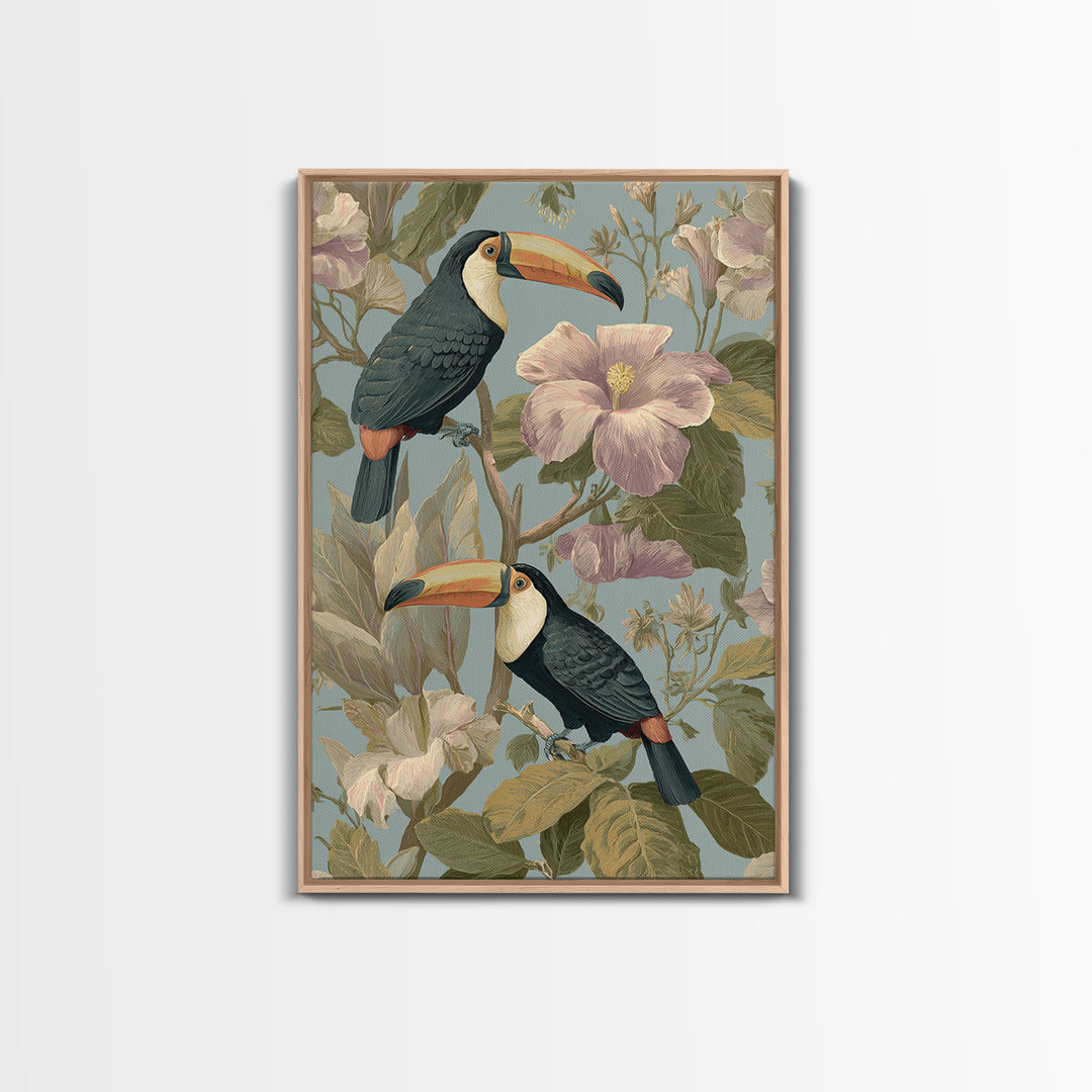 Toucans Surrounded by Bright Jungle Flowers Canvas Print, Tropical Art, Watercolor Painting, Living Room Decor, Tropic, TRO-2x3-59