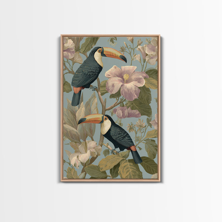 Toucans Surrounded by Bright Jungle Flowers Canvas Print, Tropical Art, Watercolor Painting, Living Room Decor, Tropic, TRO-2x3-59