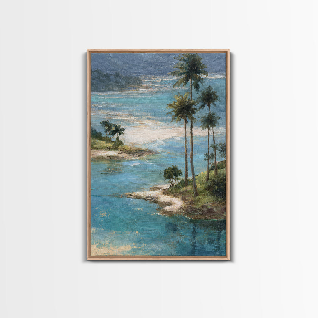 Tropical Lagoon with Turquoise Water Framed Canvas Print, Tropical Art, Bird Art, Living Room Decor, Watercolor Art, Tropic, TRO-2x3-63
