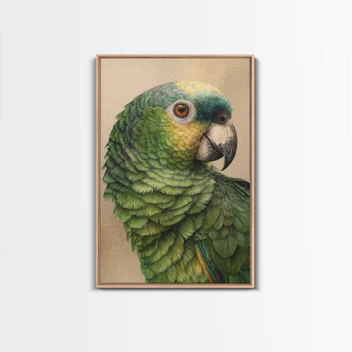 Parrot Portrait with Emerald Feathers Framed Canvas Print, Tropical Art, Print, Living Room Decor, Oil Painting, Tropic, TRO-2x3-64
