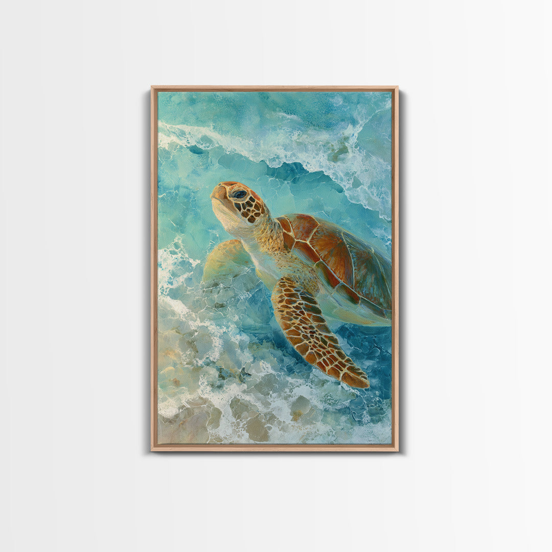 Sea Turtle Near Tropical Reef Framed Canvas Print, Tropical Art, Abstract Painting, Living Room Decor, Fine Art, Tropic, TRO-2x3-75
