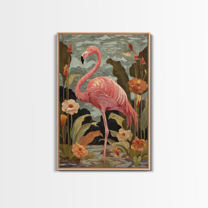 Pink Flamingos Among Tropical Water Plants Canvas Print, Tropical Art, Digital Print, Living Room Decor, Fine Art, Tropic, TRO-2x3-82