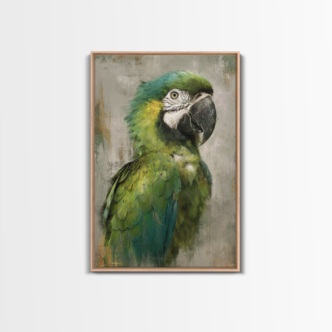 Parrot Portrait with Emerald Feathers Framed Canvas Print, Tropical Art, Set of 3 Prints, Living Room Decor, Fine Art, Tropic, TRO-2x3-88