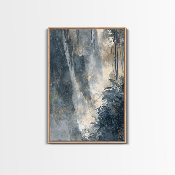 Jungle Waterfall with Misty Light Framed Canvas Print, Tropical Art, Abstract Painting, Living Room Decor, Fine Art, Tropic, TRO-2x3-93