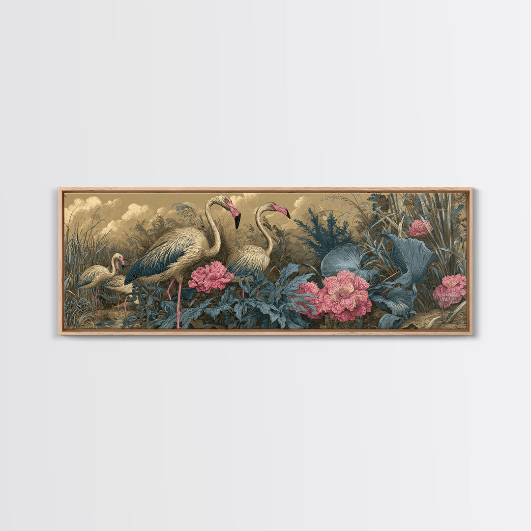 Pink Flamingos Among Tropical Water Plants Framed Canvas Print, Tropical Art, Oversized Wall Art, Living Room Decor, Tropic, TRO-3x1-18