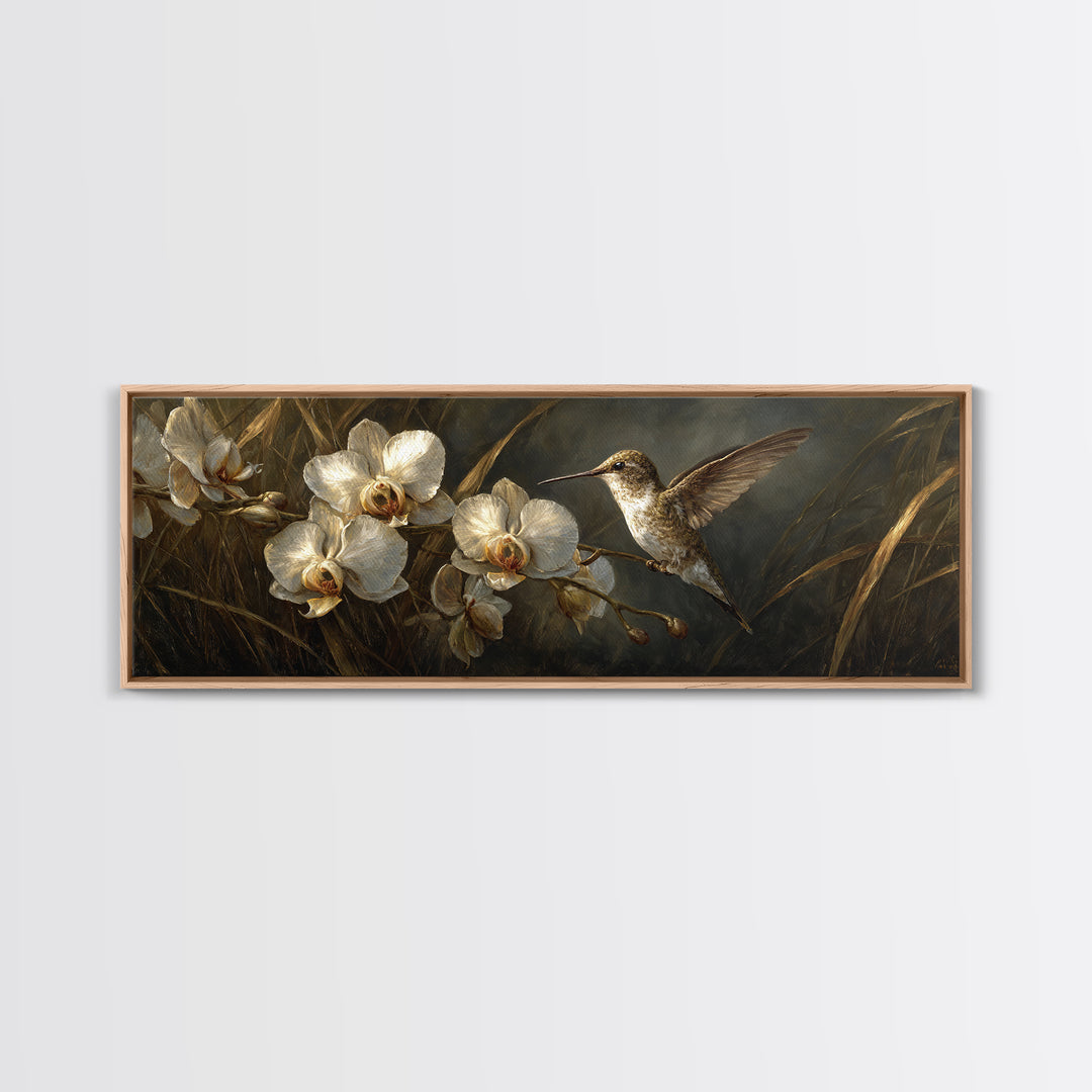Orchid and Hummingbird Composition Framed Canvas Print, Tropical Art, Wall Art Prints, Living Room Decor, Fine Art, Tropic, TRO-3x1-2