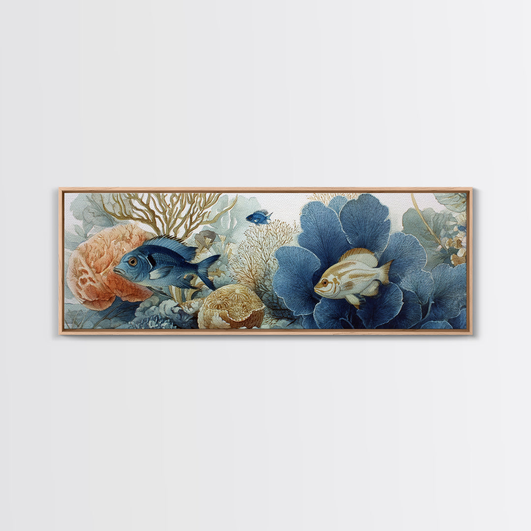Tropical Fish over Coral Reef Framed Canvas Print, Tropical Art, Textured Painting, Living Room Decor, Fine Art, Tropic, TRO-3x1-27