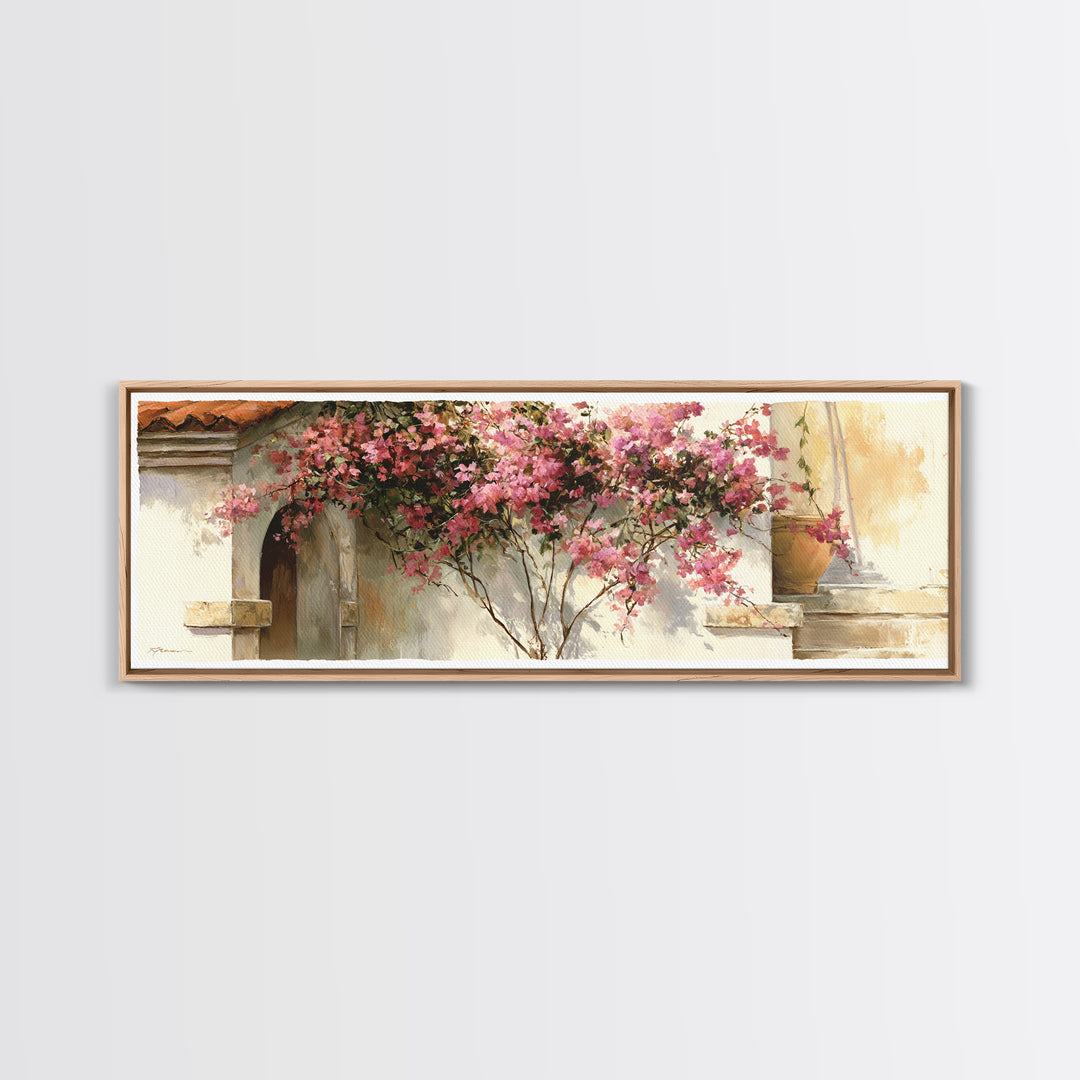 Pink Bougainvillea over White Wall Framed Canvas Print, Tropical Art, Beach Prints, Living Room Decor, Watercolor Art, Tropic, TRO-3x1-32