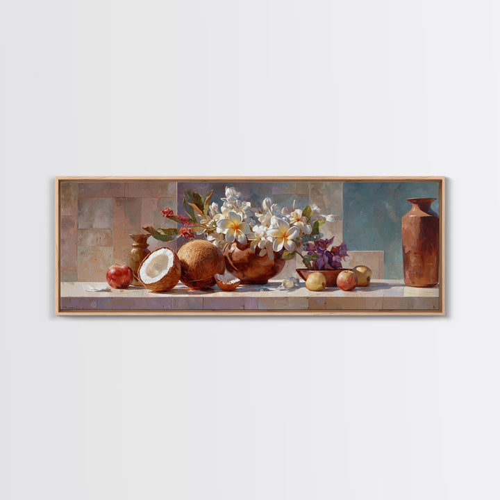 Coconut and Plumeria Still Life Canvas Print, Tropical Art, Downloadable Prints, Living Room Decor, Watercolor Art, Tropic, TRO-3x1-4