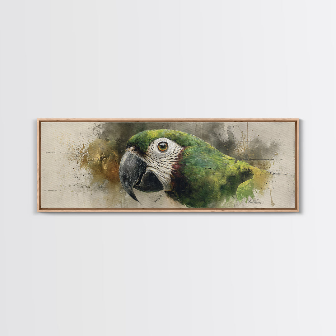 Parrot Portrait with Emerald Feathers Canvas Print, Tropical Art, Textured Painting, Living Room Decor, Fine Art, Tropic, TRO-3x1-48
