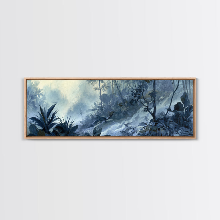 Jungle Waterfall with Misty Light Framed Canvas Print, Tropical Art, Bird Art, Living Room Decor, Watercolor Art, Tropic, TRO-3x1-5