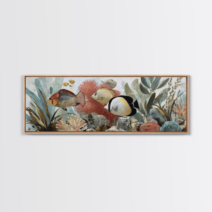 Tropical Fish over Coral Reef Framed Canvas Print, Tropical Art, Printable, Living Room Decor, Fine Art, Tropic, Coastal Decor, TRO-3x1-51