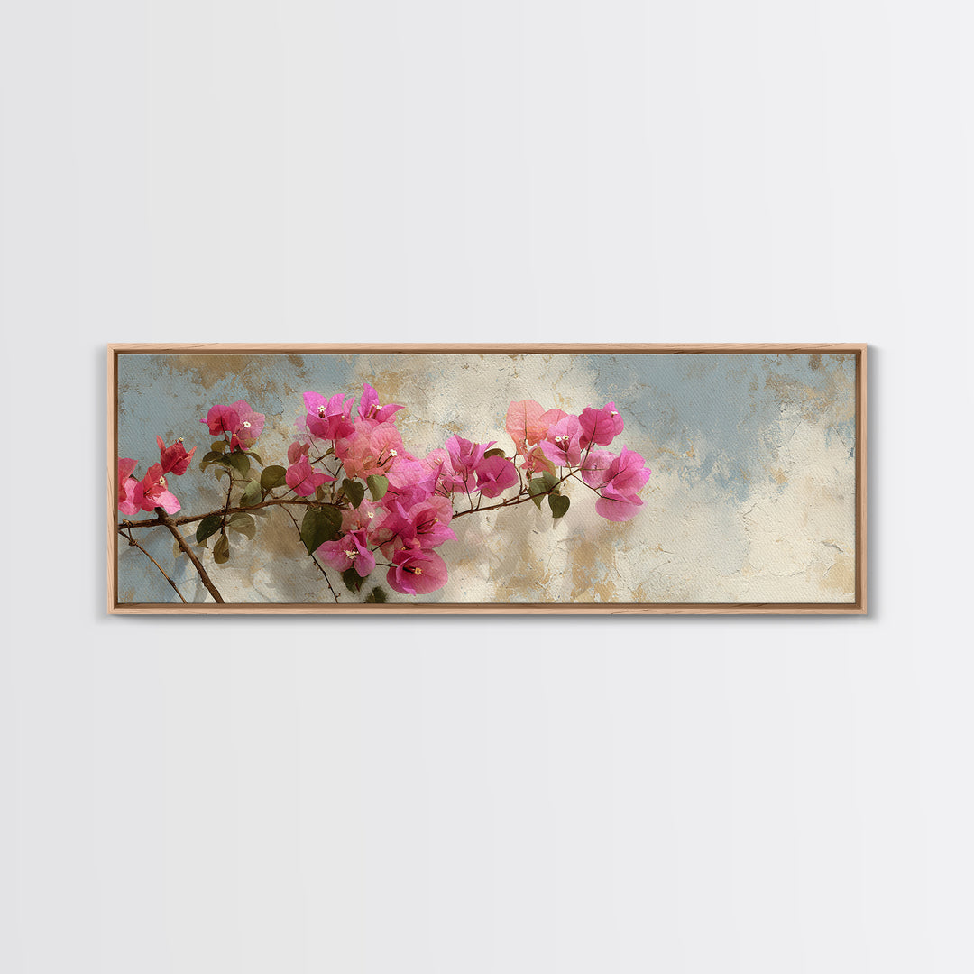 Pink Bougainvillea over White Wall Framed Canvas Print, Tropical Art, Minimalist Decor, Living Room Decor, Fine Art, Tropic, TRO-3x1-56