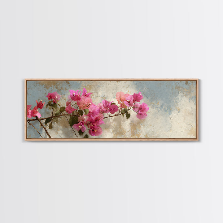 Pink Bougainvillea over White Wall Framed Canvas Print, Tropical Art, Minimalist Decor, Living Room Decor, Fine Art, Tropic, TRO-3x1-56