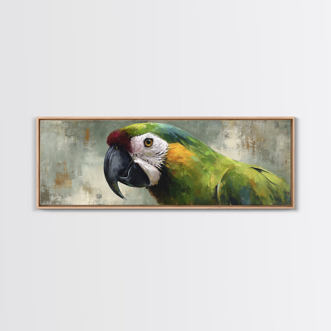 Parrot Portrait with Emerald Feathers Framed Canvas Print, Tropical Art, Wall Decor, Living Room Decor, Fine Art, Tropic, TRO-3x1-72