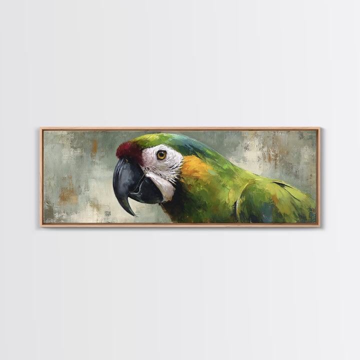 Parrot Portrait with Emerald Feathers Framed Canvas Print, Tropical Art, Wall Decor, Living Room Decor, Fine Art, Tropic, TRO-3x1-72
