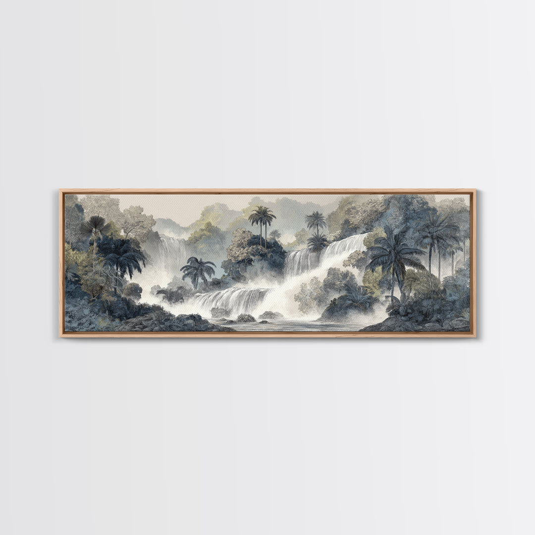 Jungle Waterfall with Misty Light Framed Canvas Print, Tropical Art, Gallery Wall Art, Living Room Decor, Fine Art, Tropic, TRO-3x1-77