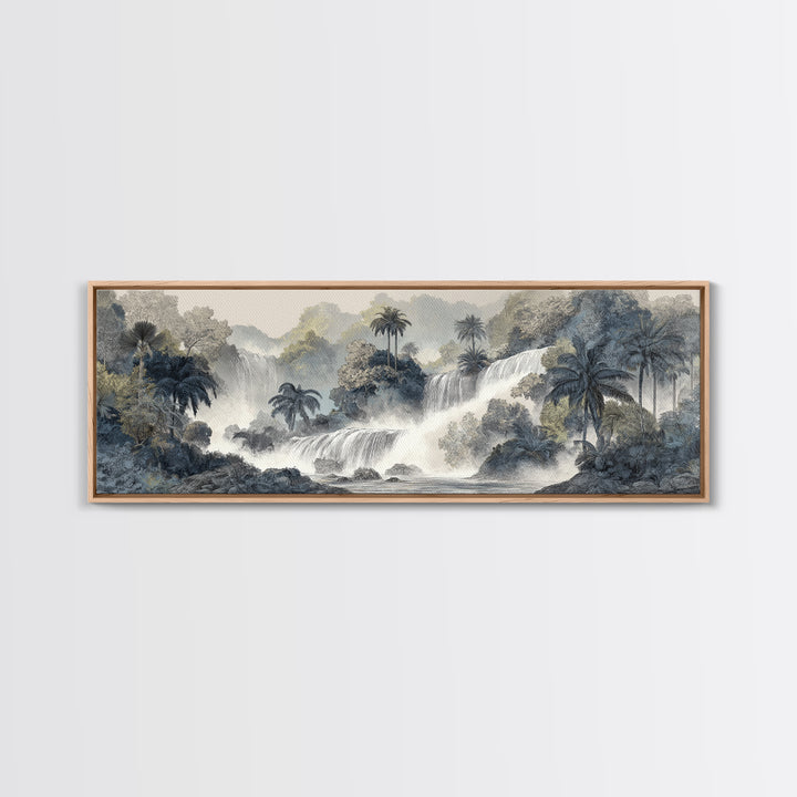 Jungle Waterfall with Misty Light Framed Canvas Print, Tropical Art, Gallery Wall Art, Living Room Decor, Fine Art, Tropic, TRO-3x1-77