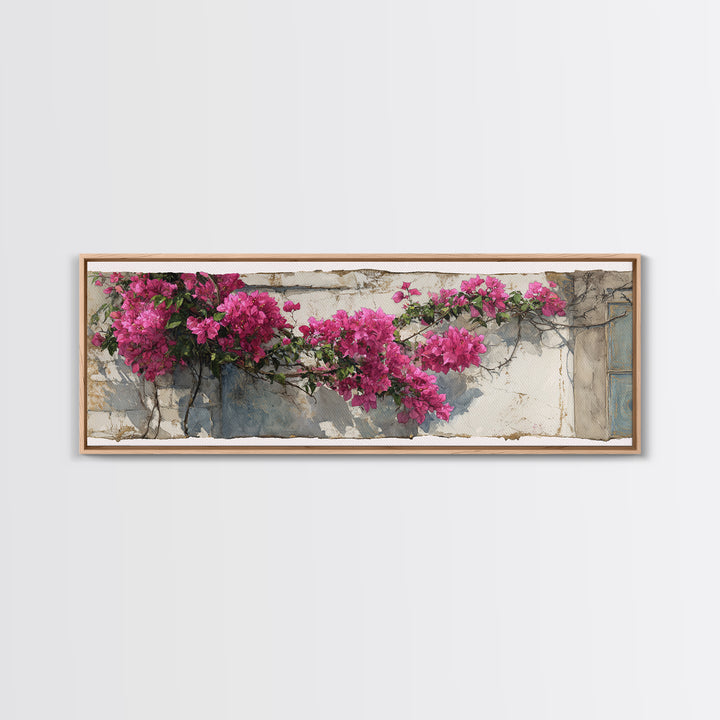 Pink Bougainvillea over White Wall Canvas Print, Tropical Art, Digital Prints, Living Room Decor, Tropic 280, Set of Prints, TRO-3x1-80