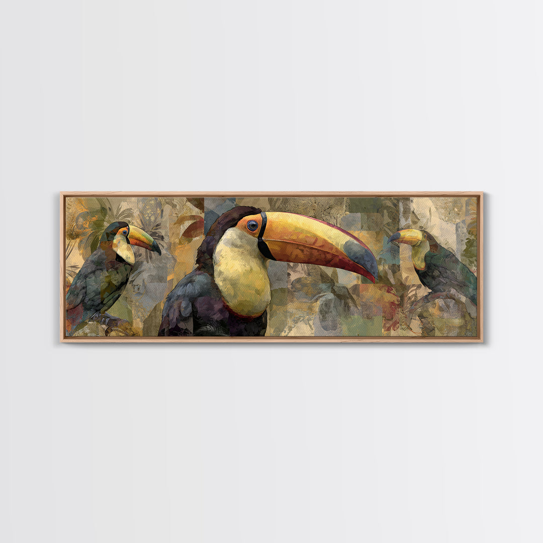 Colorful Jungle Bird Pattern Framed Canvas Print, Tropical Art, Print, Living Room Decor, Fine Art, Tropic, Coastal Wall Art, TRO-3x1-84
