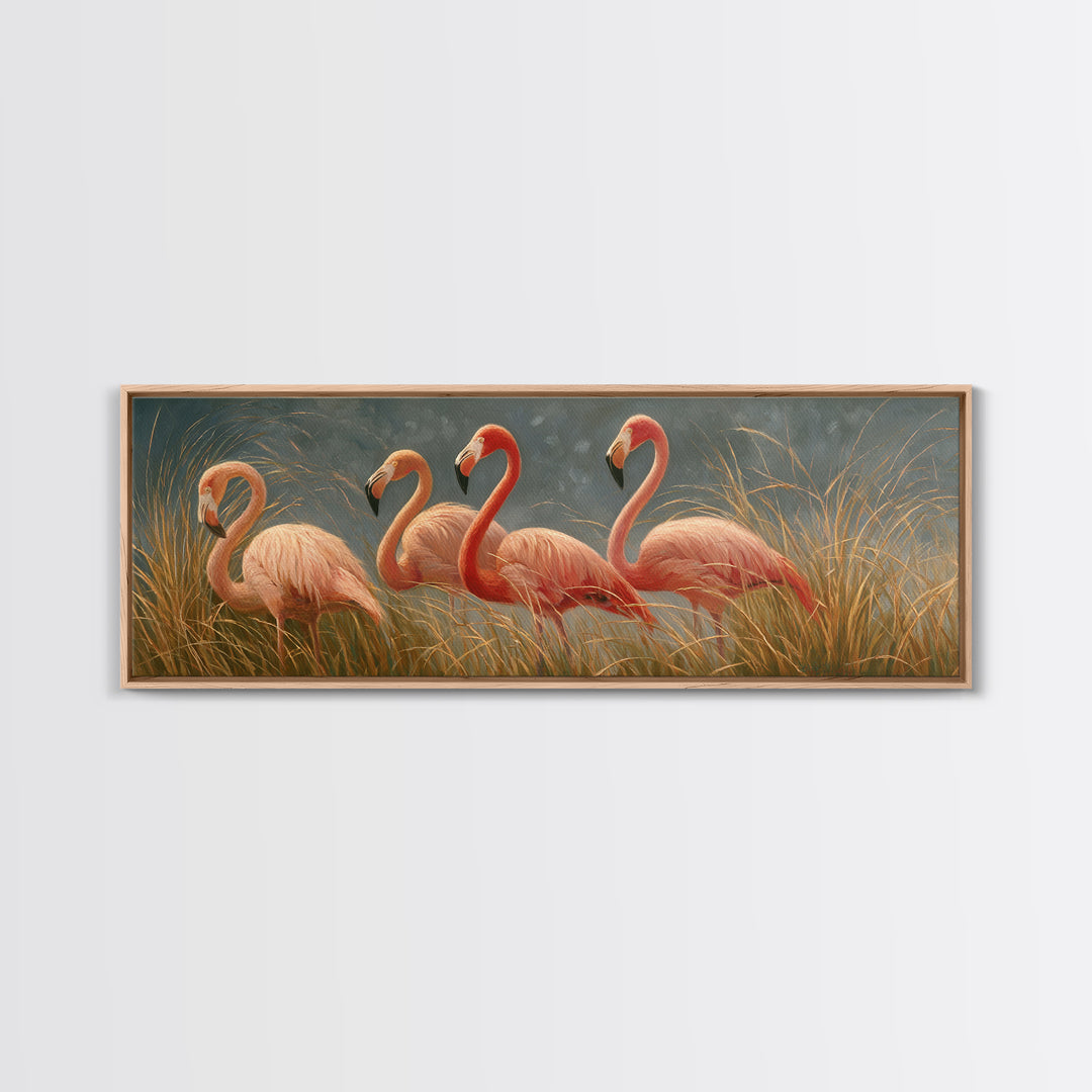 Pink Flamingos Among Tropical Water Plants Framed Canvas Print, Tropical Art, Coastal Art, Living Room Decor, Fine Art, Tropic, TRO-3x1-90